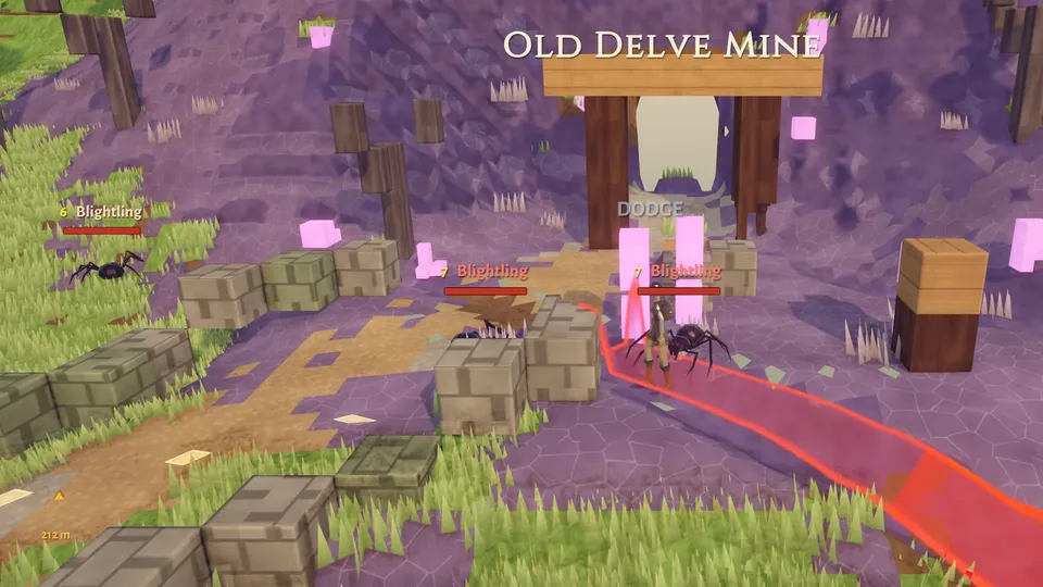 A player character faces blightling spiders at the Old Delve Mine entrance in EverMark Online, with a red dodge lane on the ground.