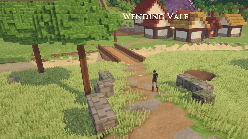 A player character on a dirt path in Wending Vale in EverMark Online, with thatched houses ahead.