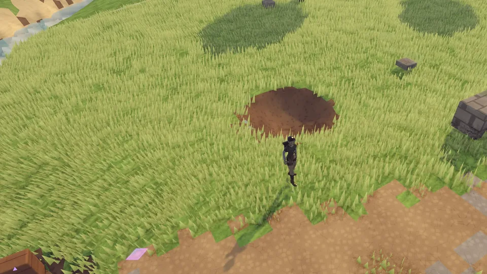 A player character stands beside a crater in a grassy field in EverMark Online.