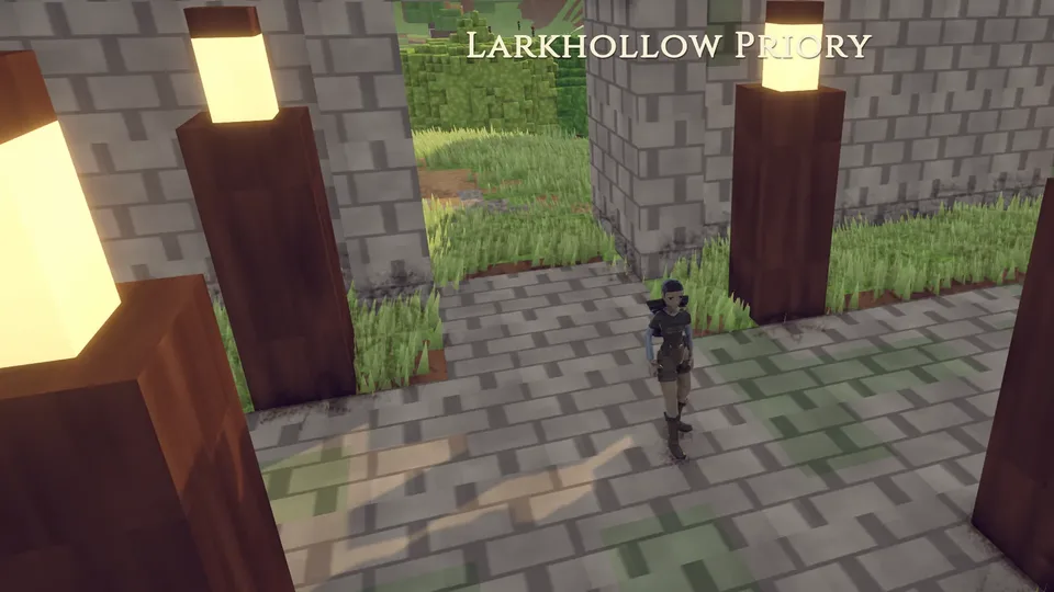 A player character walks between stone walls and lit lanterns at Larkhollow Priory in EverMark Online.