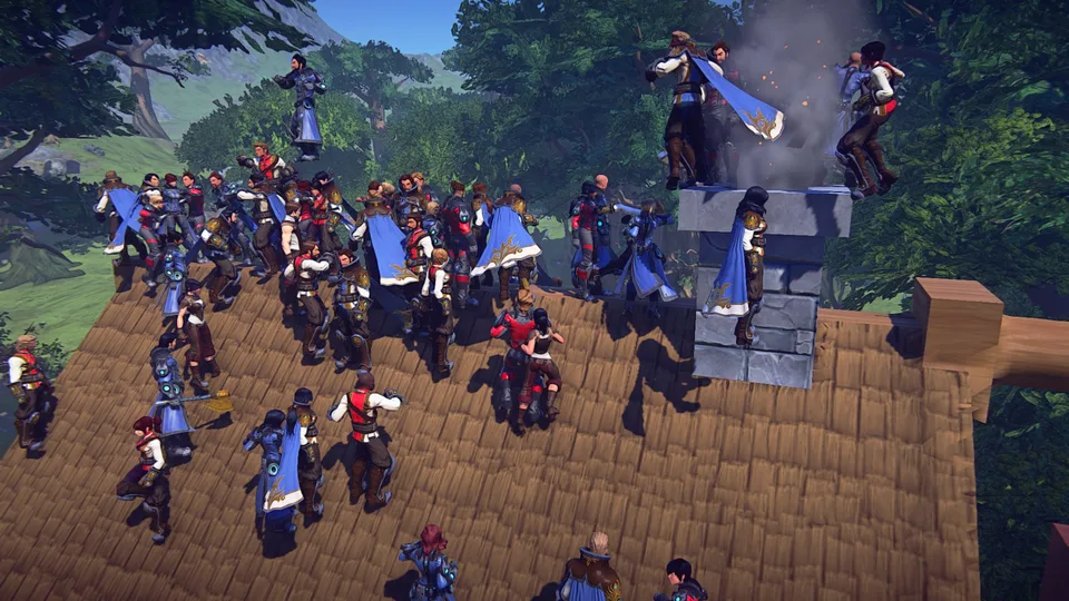 A crowd of dozens of player characters in blue capes and armor gather on a wooden rooftop beside a stone chimney, with forest behind.