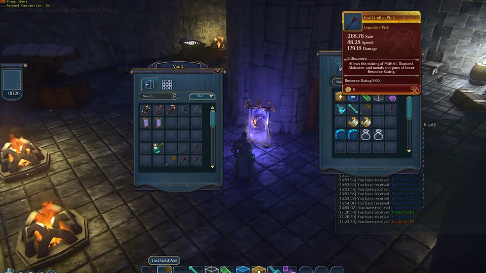 A character stands in a dim stone chamber with a vault window, an inventory window, an item tooltip, a chat log and an action bar open.