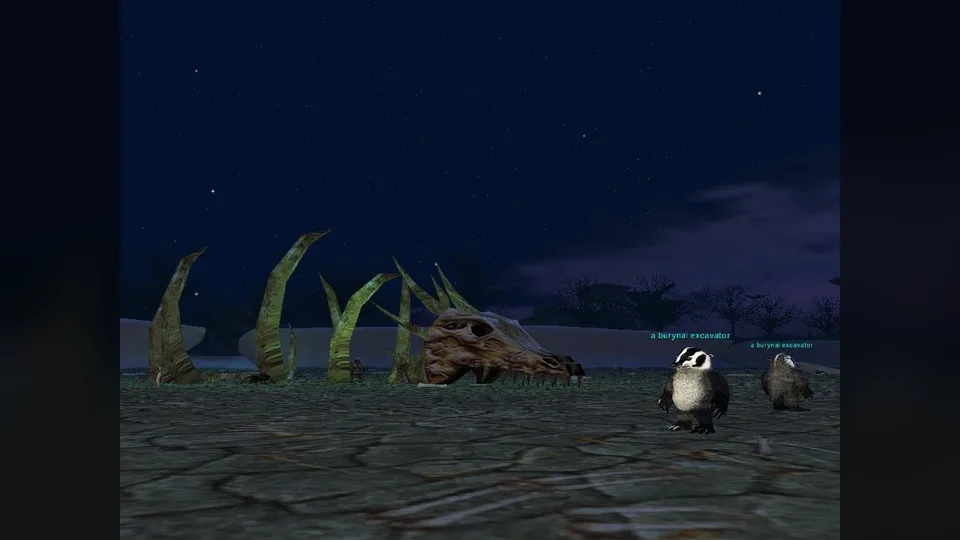 A night scene on open ground with a giant dragon skull and ribs and two badger-like creatures with name tags.