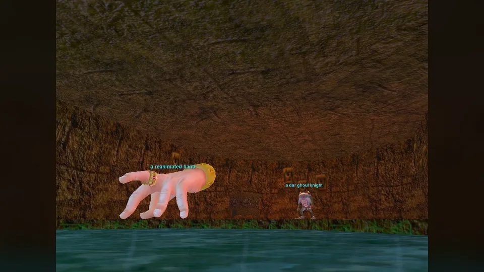 Inside an earthen cavern above green water, a floating hand and a frog-like humanoid, each with a name tag.