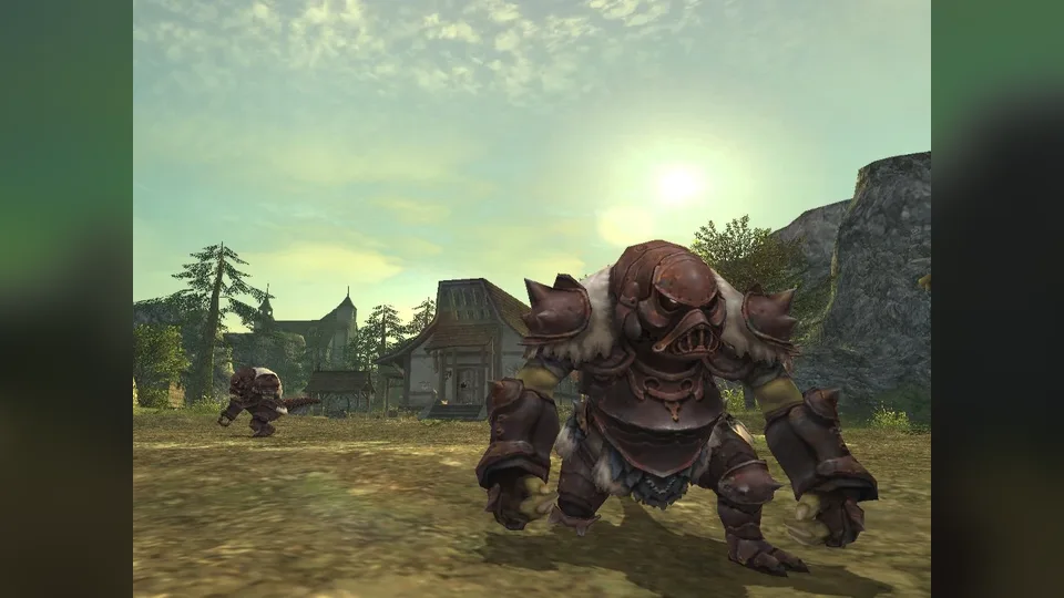 A large armored beastman-type monster charging toward the camera in a grassy field with a wooden house and trees behind it.