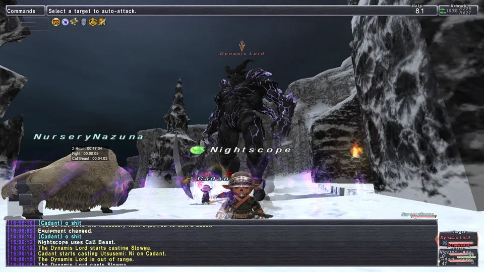 A small player character and a pet standing in front of a huge dark armored boss on a snowy rocky area, with the target and party windows and chat log visible.