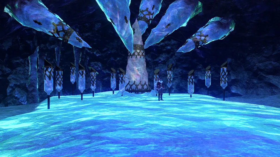 A player character stands on a glowing blue crystalline floor beneath large hanging crystal shards and banners.