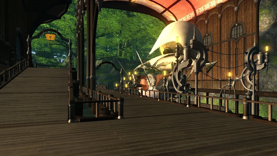 A wooden airship landing platform with an airship in a forested Gridania setting.