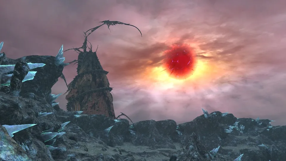 Mor Dhona rocky terrain with spiked crystals and the red moon Dalamud in the sky.