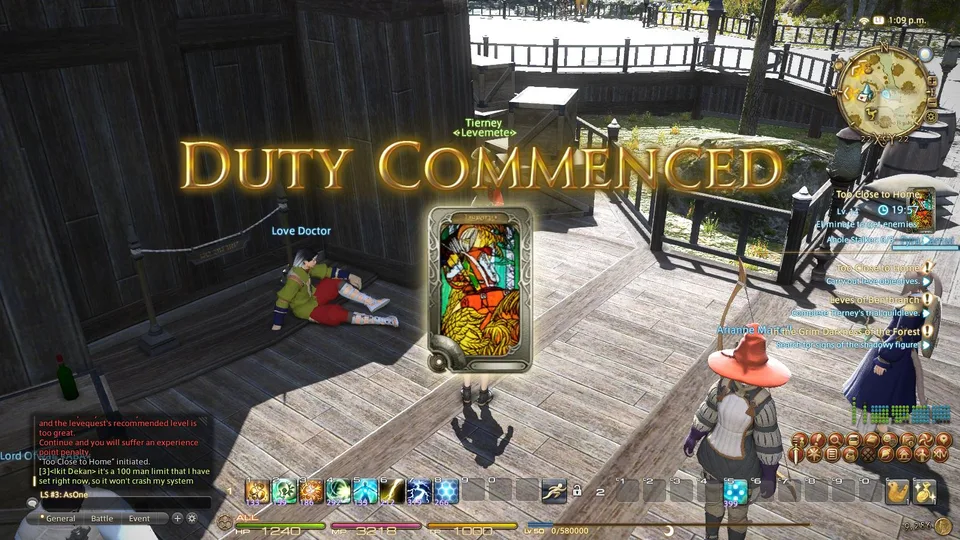 A Duty Commenced banner and guildleve card appear over a wooden dock where several player characters stand, with the full game HUD, quest list, chat and hotbars visible.