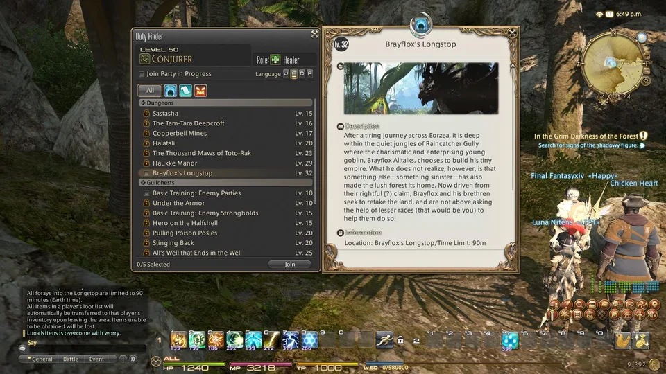 The Duty Finder window and a dungeon description panel open over a jungle scene with two player characters, hotbars, chat log and minimap visible.