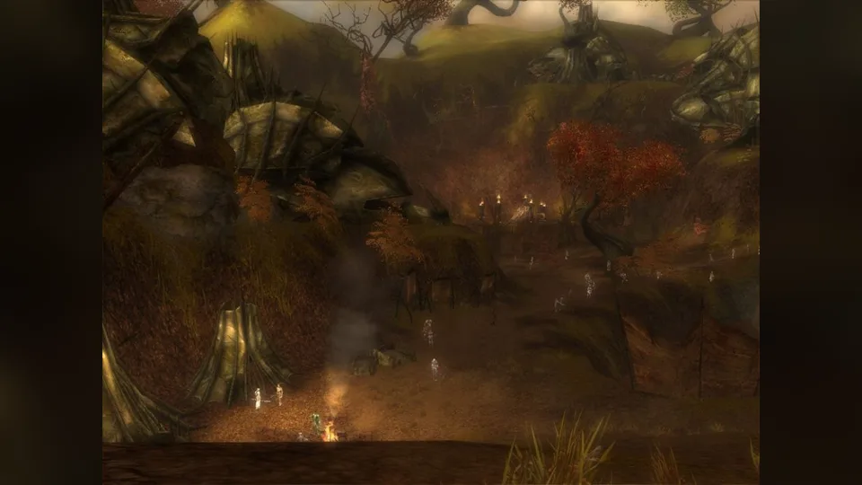 A Charr-homeland campfire area with tiny player figures.