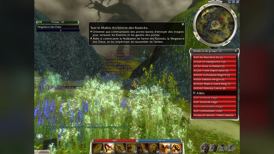 A party in a flowery meadow at Fort Aspenwood with a French-language HUD, quest text, party window and skill bar.