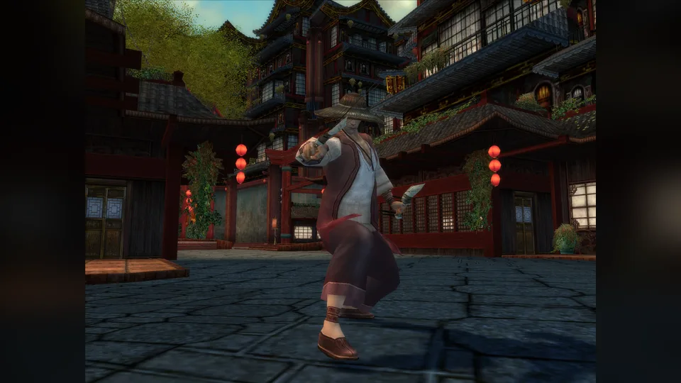 An Am Fah assassin character in a Canthan street with pagoda buildings and red lanterns.