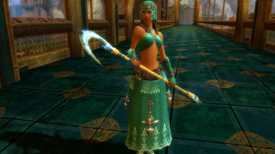 A female mage in teal robes holds a staff on a palace walkway.