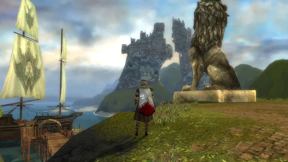 A caped character stands beside a large lion statue near the docks of Lion's Arch, with a ship and rock towers behind.