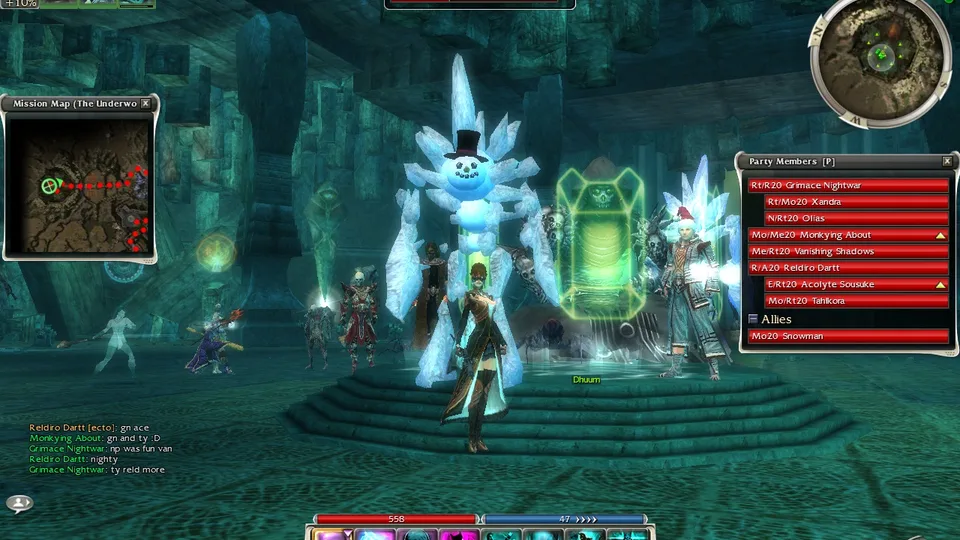 A guild party gathered with an ice snowman ally at a stepped platform in the Underworld, with party window, minimap, skill bar and chat visible.