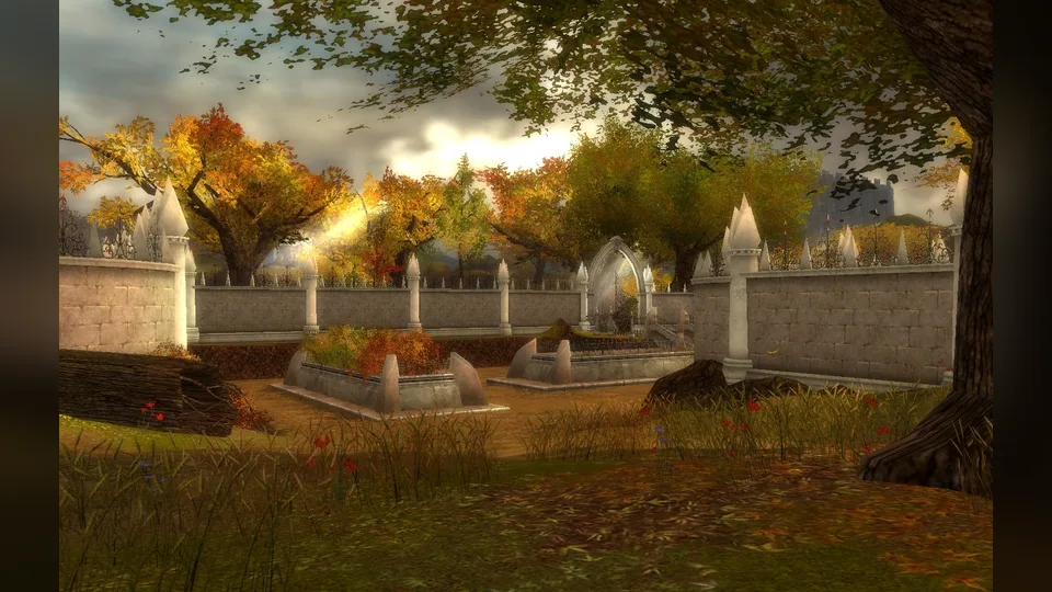 An autumn plaza with walled stone planters and trees in Piken Square.