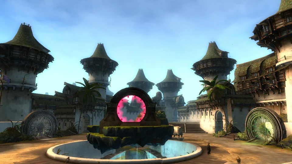 The Mist portal plaza in Lion's Arch with a few small player characters.