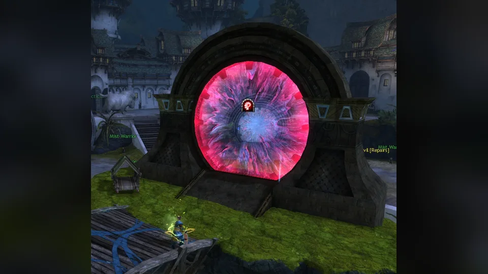 A pink Mist portal in Lion's Arch with a player archer and name tags.