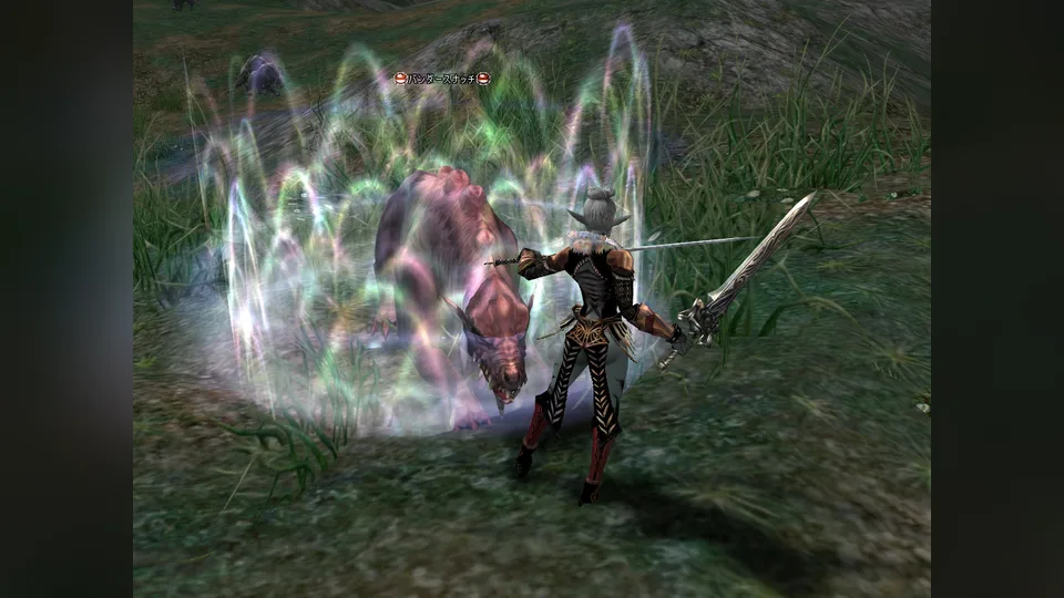 A Dark Elf swordsman casts a swirling shimmering spell at a wolf-like beast in a grassy field in Lineage II.