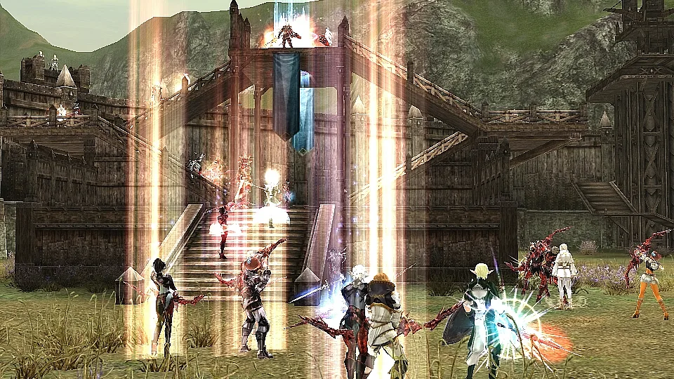 Players in a Lineage II castle siege gather around a staircase lit by tall columns of light.