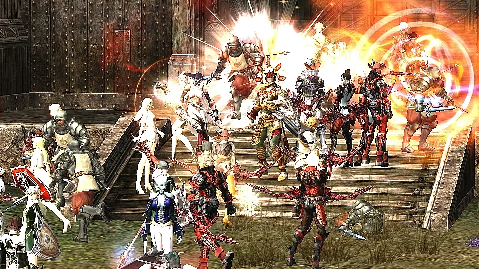 Many Lineage II players clash on castle stairs in a siege with bright area spells.