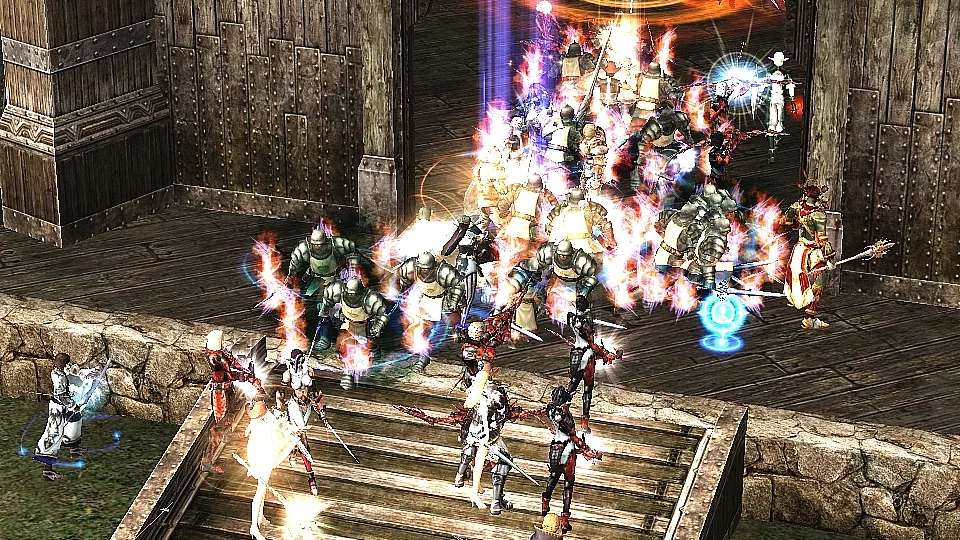 A large Lineage II siege crowd presses up a stone stairway inside a castle.
