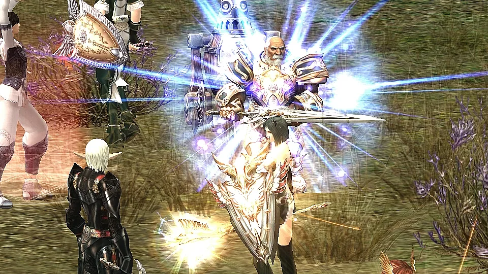 A Lineage II player stands before a bright burst of spell light during a siege.