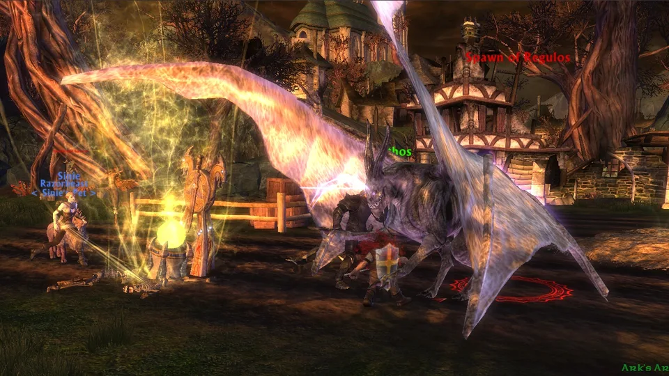 Several player characters with name tags fight a large winged creature in a village.