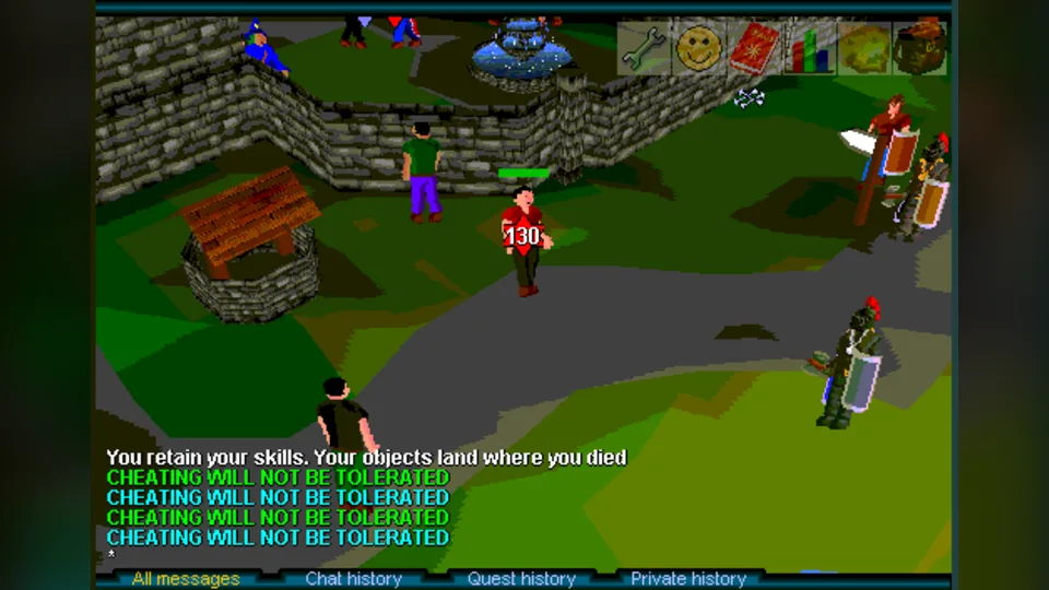 A town square in RuneScape Classic with several players and guards, a damage number over a red-shirted player and system messages in the chat box.