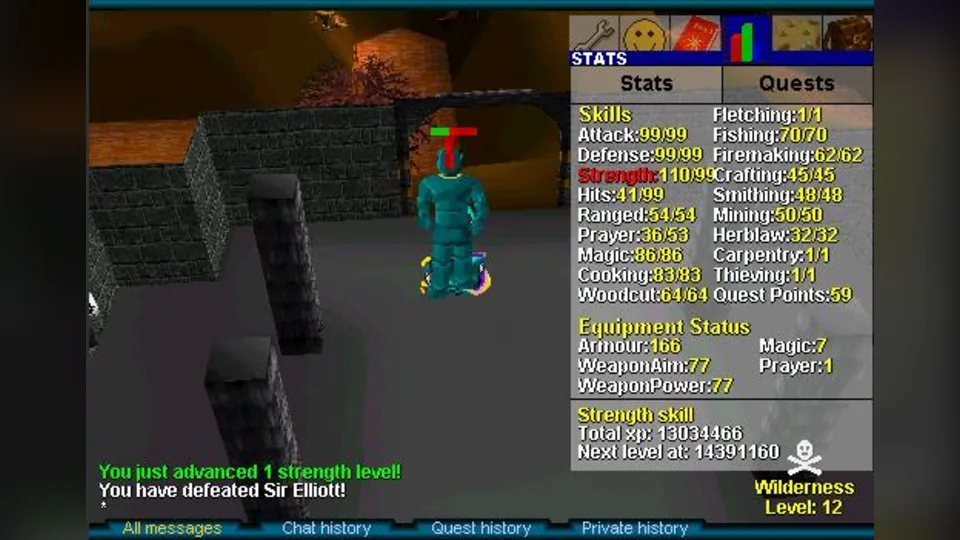 A player in teal armour in a dark stone area with the stats panel open listing skill levels, and a Wilderness level indicator.