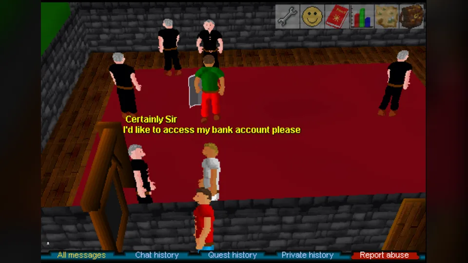 Players and bankers standing in a red-carpeted bank room with a chat line about accessing a bank account.