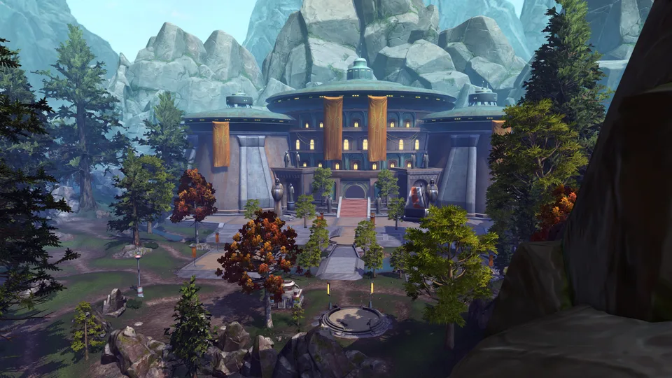 A large Jedi temple with orange banners stands among pine trees and rocky mountains on Tython, with no characters visible.