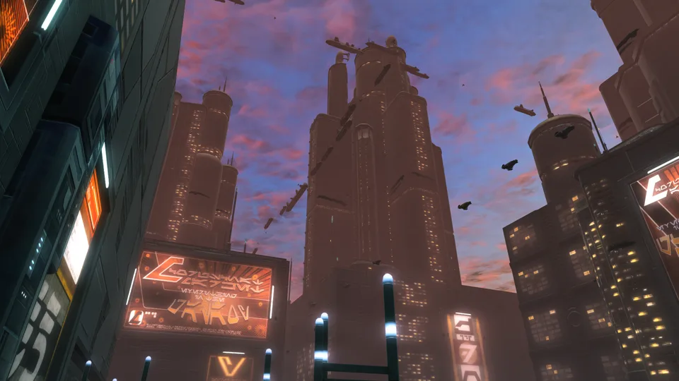 Looking up at tall Coruscant skyscrapers with glowing signs and speeders against a pink dusk sky.