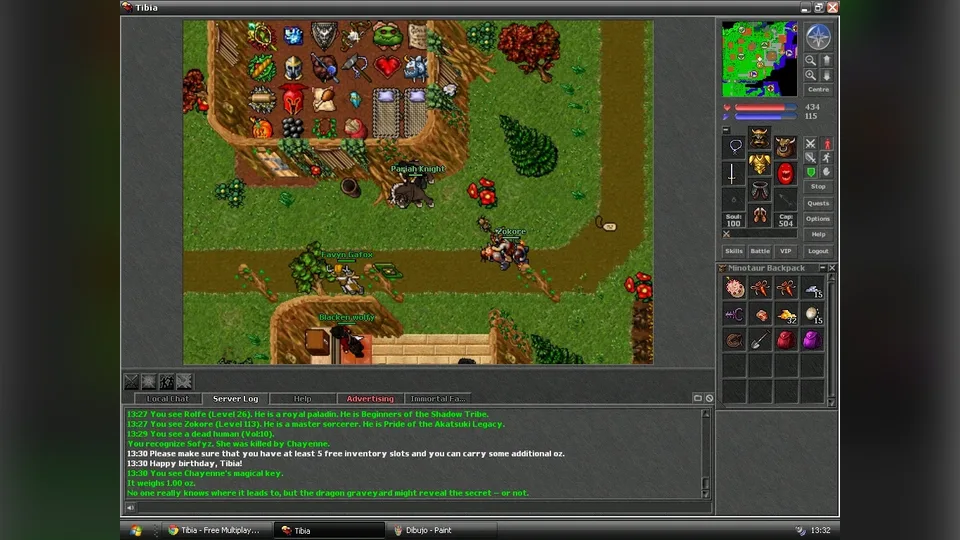 Tibia client with several named characters around a market stall of items, the minimap, equipment panel, minotaur backpack and server log visible.