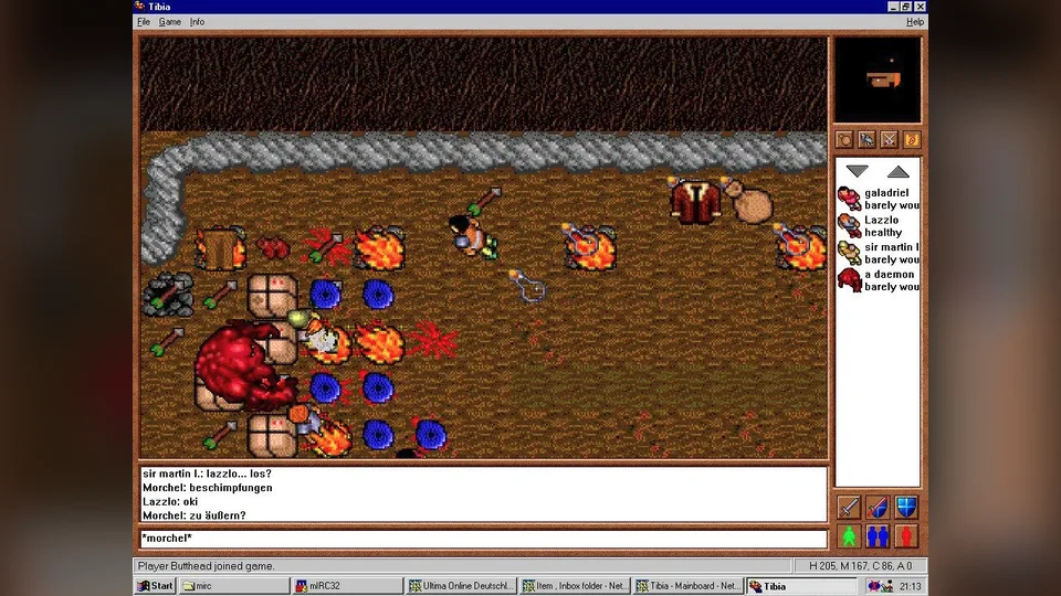 Early Tibia client in a Windows 95 window, a player fighting a daemon with fire fields and magic walls, with the creature list and chat box.