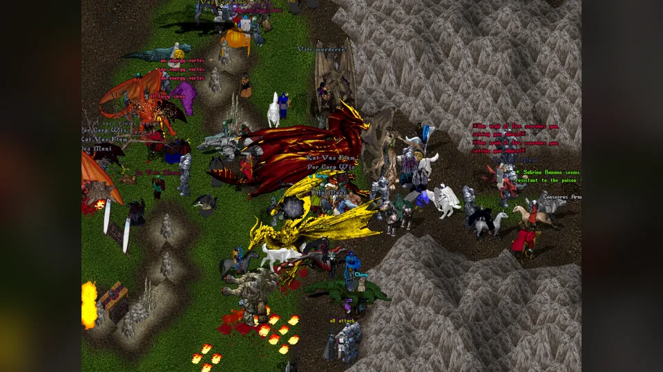 A crowd of players on foot and mounted fighting dragons and other creatures in Ultima Online, with spell words floating above them.