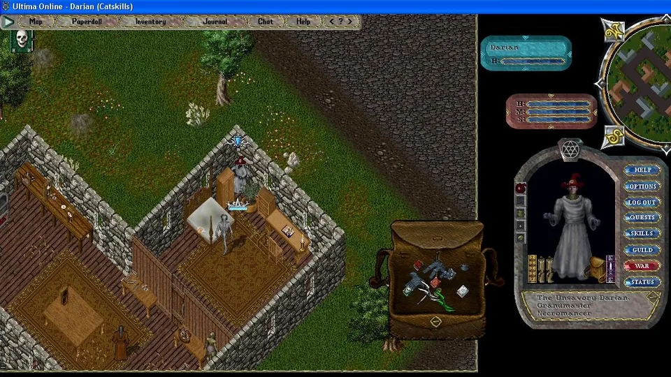 Ultima Online classic client showing a stone house interior, a paperdoll, a minimap and an open backpack.