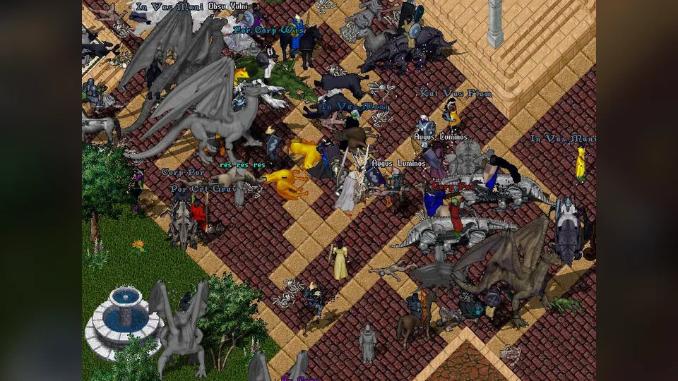 A dense crowd of players, dragons and other creatures on a checkered brick plaza with spell words floating overhead.
