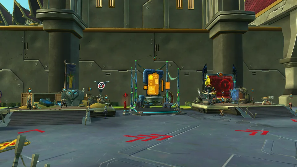 A stone plaza in Illium with quest-giver stations, small figures and floating quest markers, red arrows painted on the floor, and a browser overlay with Join and Create buttons in the top-left corner.