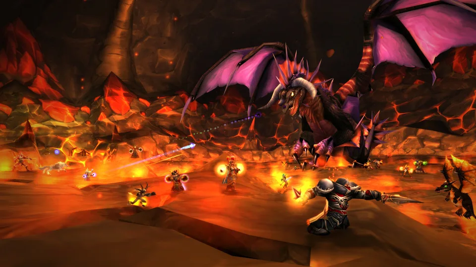 A raid fights the black dragon Onyxia in her lava-lit lair while players cast spells.