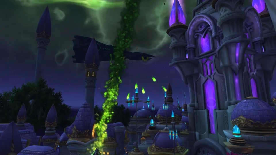 Dalaran under demon invasion with a green fel beam, a Legion ship overhead and purple towers.