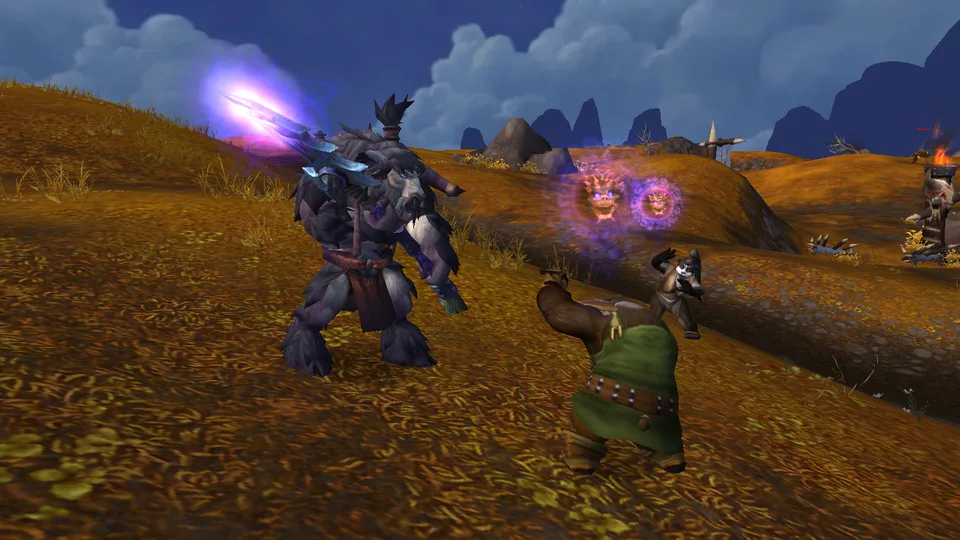A Bataari warrior casting a spell at pandaren NPCs in Kun-Lai.