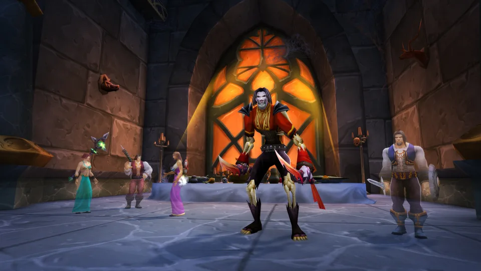Several characters stand in a stone hall in Karazhan around a tall figure in front of a large orange arched window.