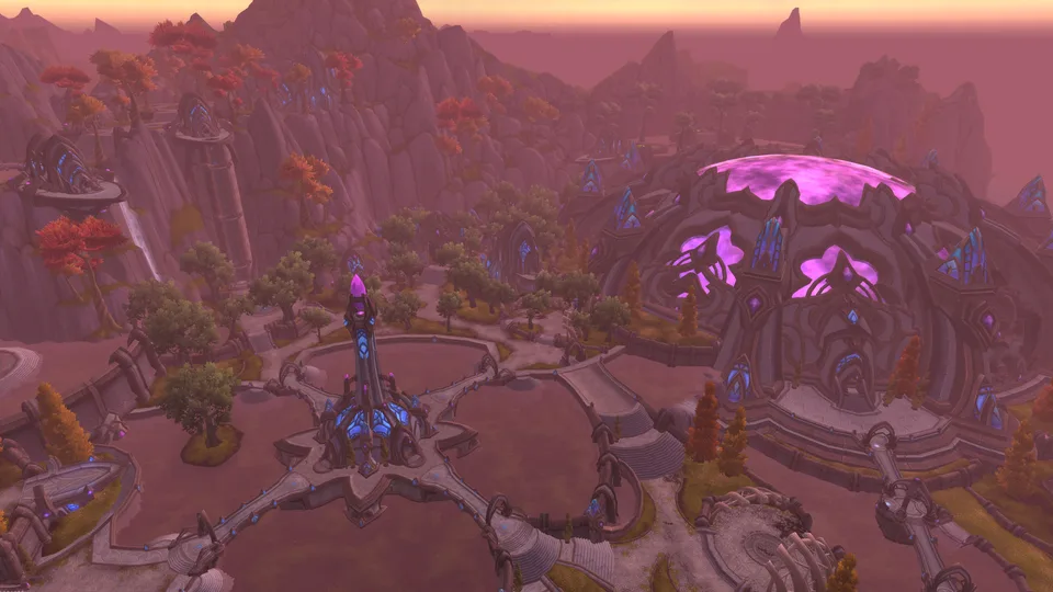 An aerial view of Shattrath City on Draenor.