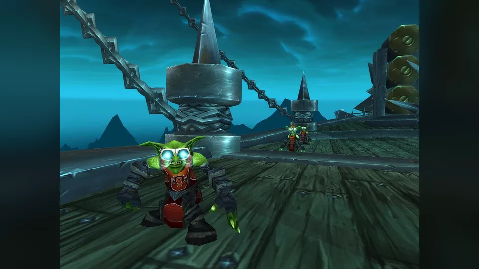 Goblin character on the deck of a gunship in Icecrown.